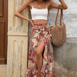 Boho Paisley Print Wrap Maxi Skirt Ruffle Slit Beach Vacation‎ S